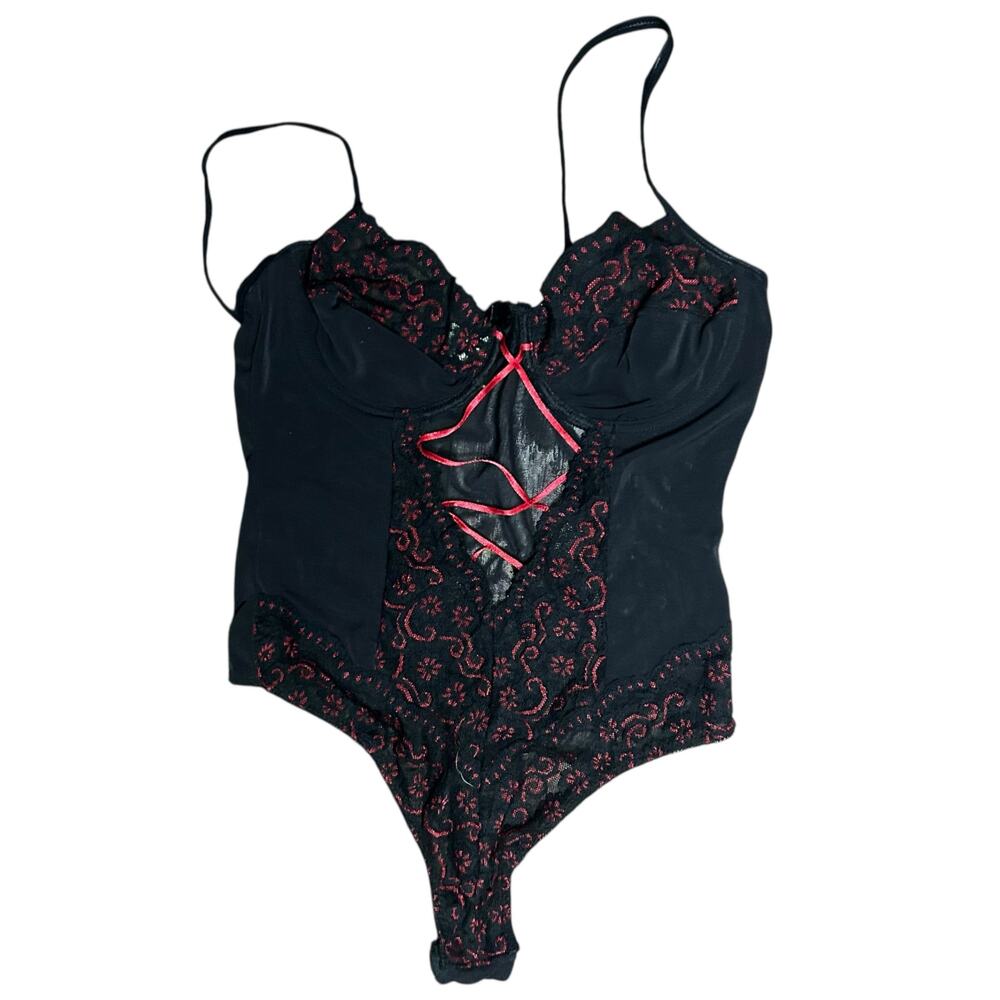 Vintage Jolie Intimates Black and Red Teddy Bodysuit Size 36B
